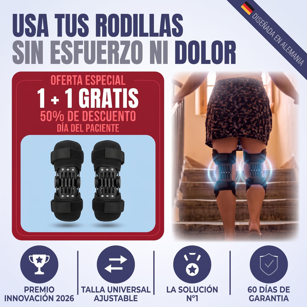 1+1 GRATIS | GenuEsqueleto  - Doble Resorte Tecnológico de Alto Rendimiento, Hace el Esfuerzo por tí, Recupera tus rodillas de hace 30 años al momento o te devolvemos el dinero. 1 PAR, 60 Días de prueba. *Talla Universal